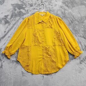 Indigo Thread Co. Top Womens M Yellow Lace Button Front Balloon Sleeve‎ Boho